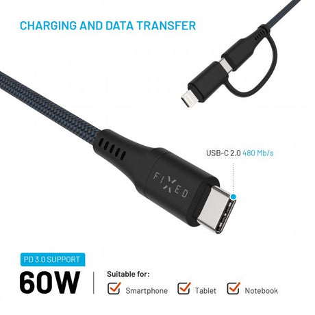 Fixed Kabel 2in1 USB-C/Lightning 60W 3m Svart