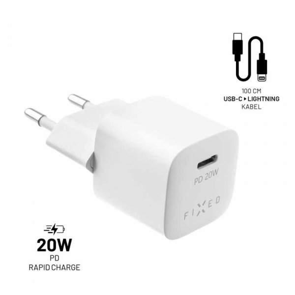 - Laddare med Kabel Mini PD Travel Charger Kit USB-C/Lightning 20W - Vit