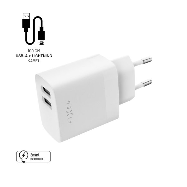 - Laddare med Lightning-kabel - 1m 2xUSB-A 17W Vit