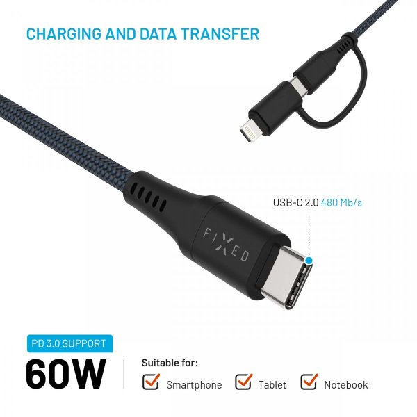 - Kabel - 2in1 USB-C/Lightning 60W - 1.2m Svart