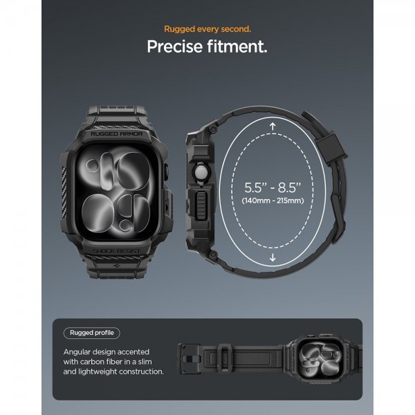 - Apple Watch 46mm (Series 10/11) - Armband & Skal - Rugged Armor Pro 2 - Matte Black