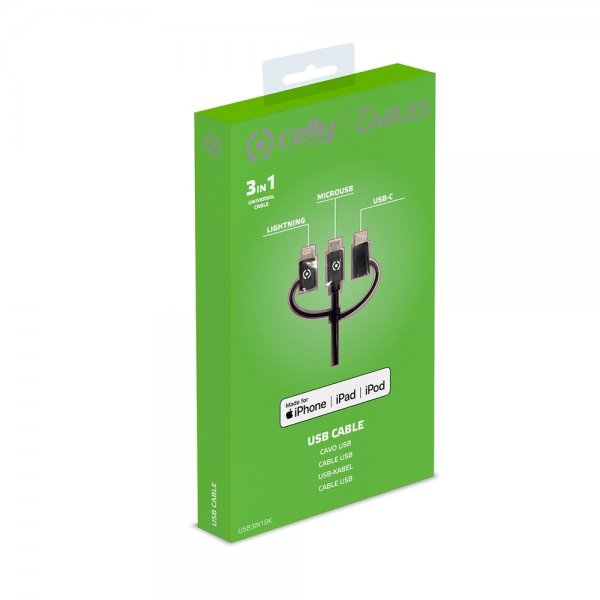 - Kabel - 3in1 Micro-USB/USB-C/Lightning - 1m Svart