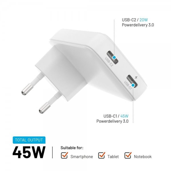 - Laddare - Slim GaN 45W - 2xUSB-C
