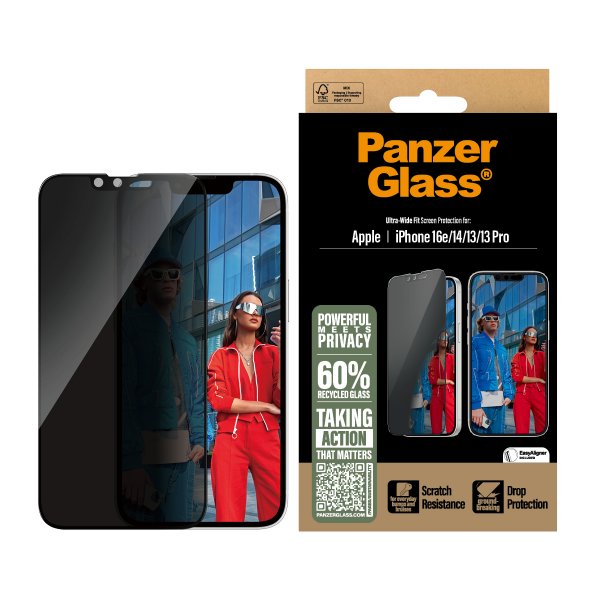 - iPhone 13/13 Pro/14/16e/17e - Skärmskydd - Ultra-Wide Fit Privacy EasyAligner